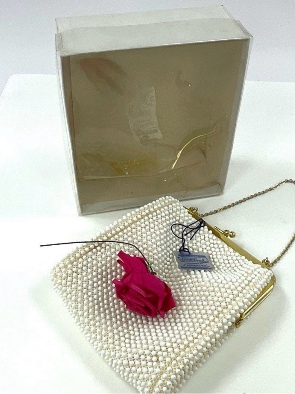 Classic Cordé Bead by Lumured" white beaded evening purse with chain